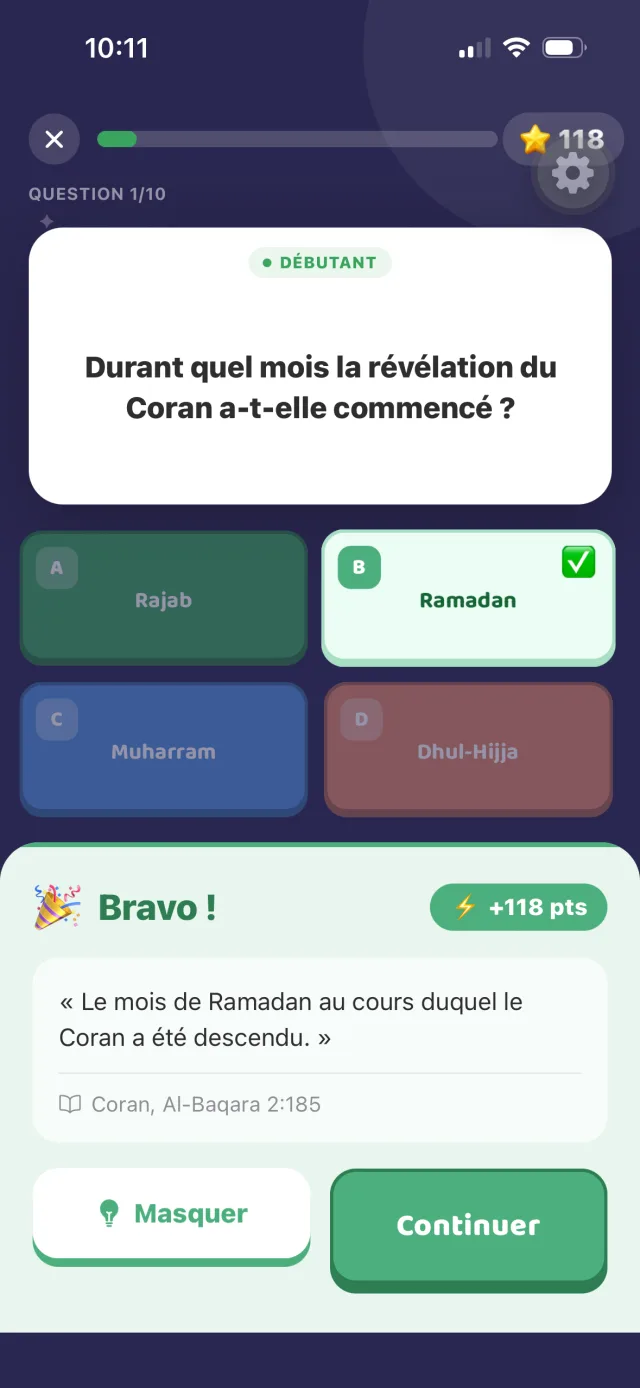 Bonne réponse : Ramadan. L’explication cite le Coran, Al-Baqara 2:185
