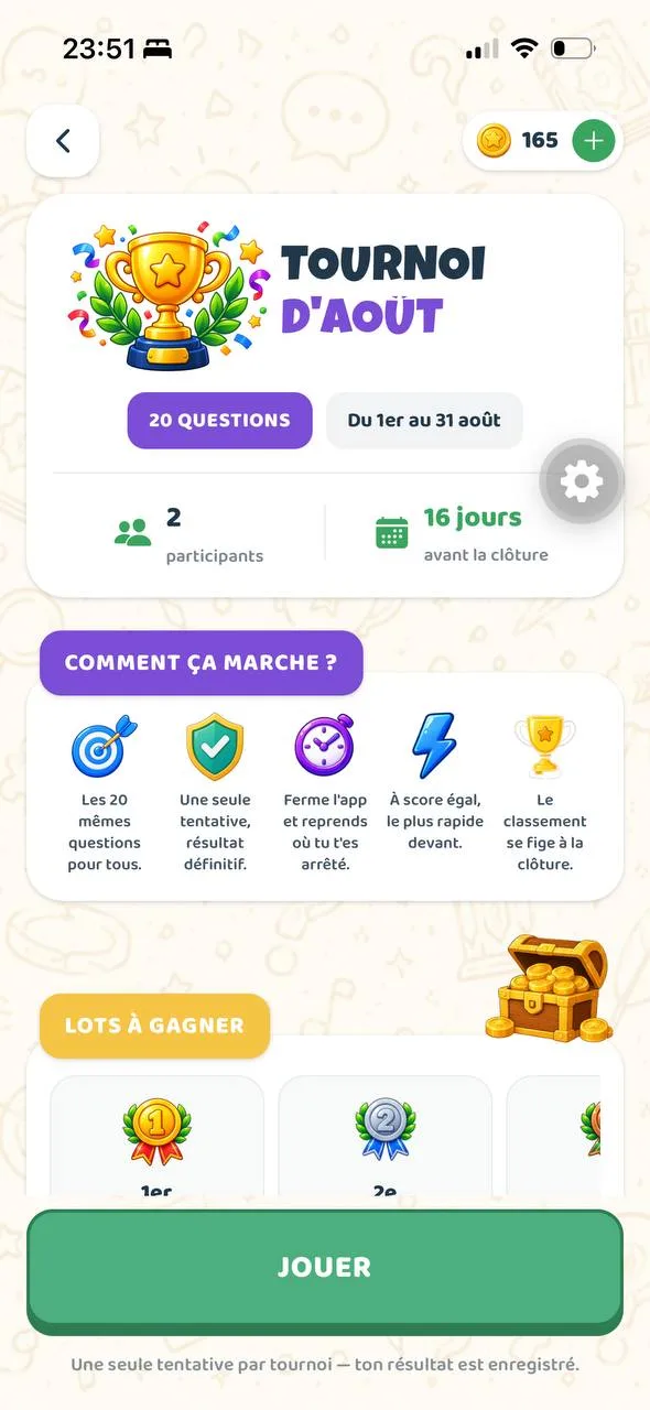 La fiche du tournoi d'août : 20 questions, une seule tentative, les lots à gagner